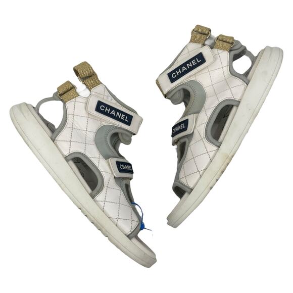 Chanel Goatskin Fabric Quilted Gladiator Dad Sandals White Gray Size 41C - Picture 8 of 13